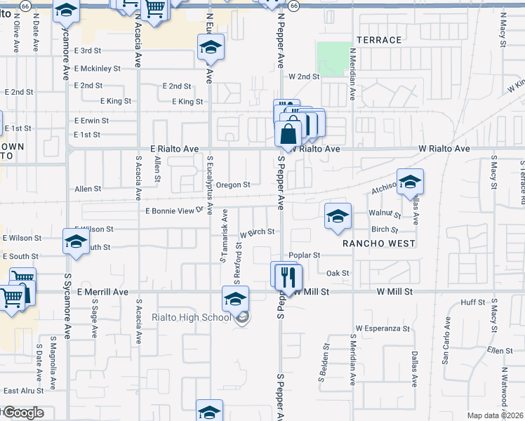 map of restaurants, bars, coffee shops, grocery stores, and more near 250 S Loretta St in Rialto