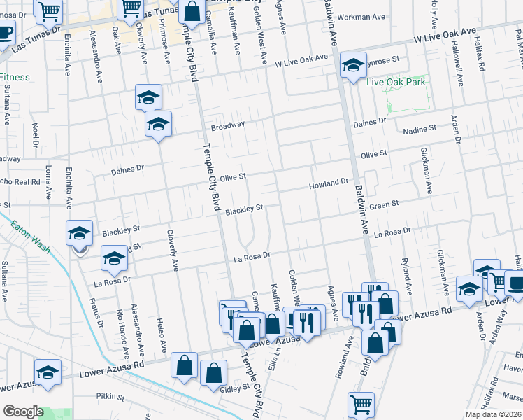map of restaurants, bars, coffee shops, grocery stores, and more near 5239 Kauffman Avenue in Temple City