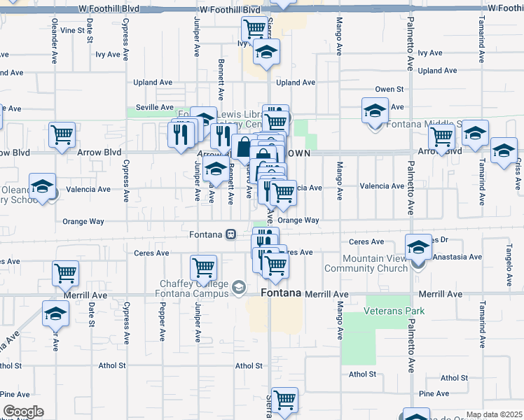 map of restaurants, bars, coffee shops, grocery stores, and more near 8684 Sierra Avenue in Fontana