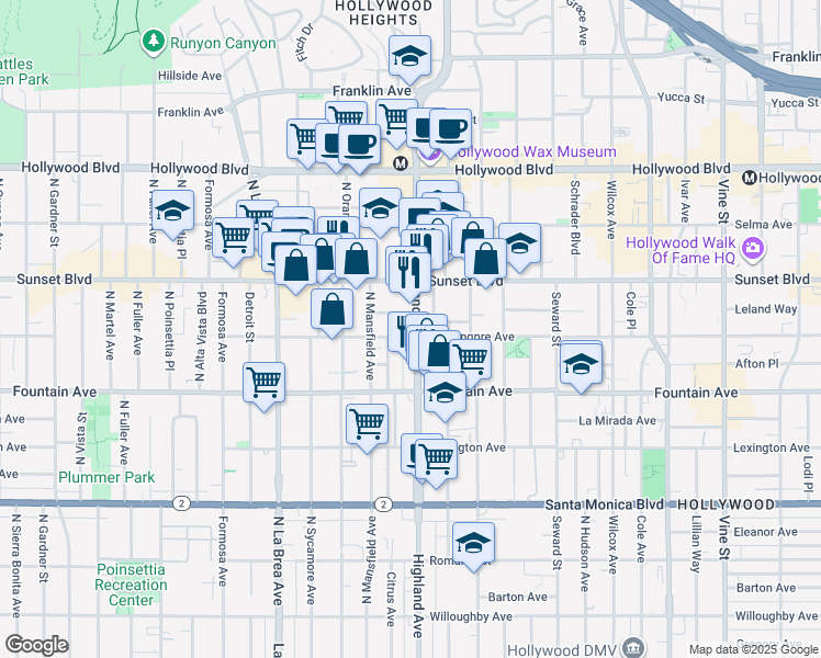 map of restaurants, bars, coffee shops, grocery stores, and more near 1411 North Highland Avenue in Los Angeles