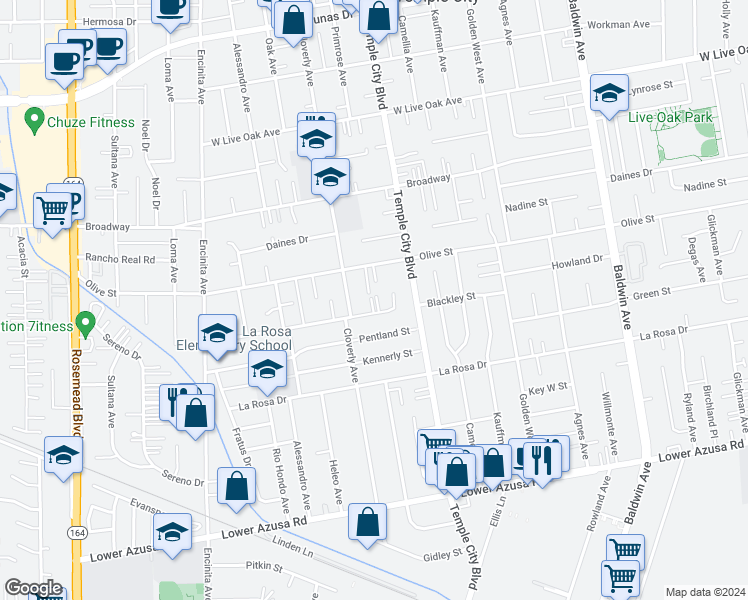 map of restaurants, bars, coffee shops, grocery stores, and more near 9537 Blackley Street in Temple City