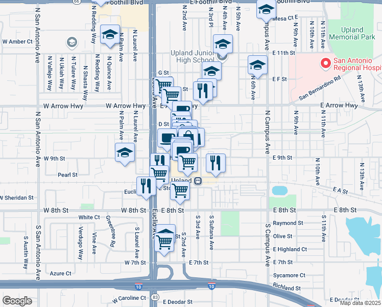 map of restaurants, bars, coffee shops, grocery stores, and more near 220 North 2nd Avenue in Upland