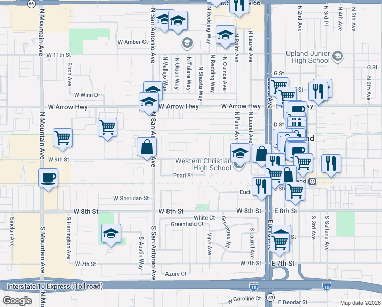 map of restaurants, bars, coffee shops, grocery stores, and more near 537 West 9th Street in Upland