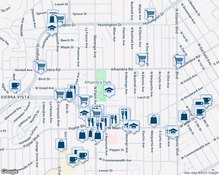map of restaurants, bars, coffee shops, grocery stores, and more near 1901 West Grand Avenue in Alhambra