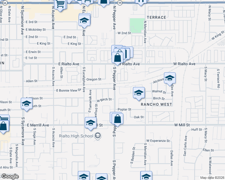 map of restaurants, bars, coffee shops, grocery stores, and more near 255 South Pepper Avenue in Rialto