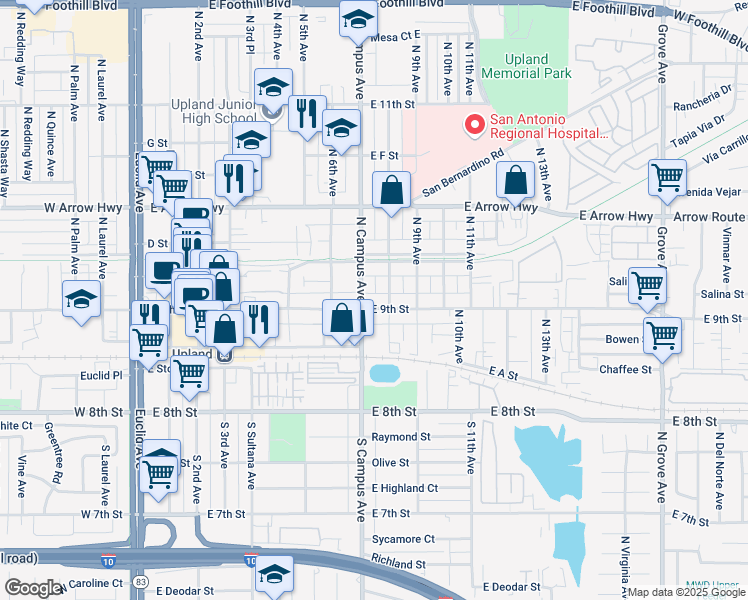 map of restaurants, bars, coffee shops, grocery stores, and more near 789 East 9th Street in Upland