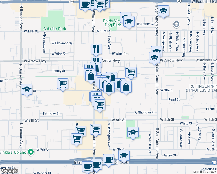 map of restaurants, bars, coffee shops, grocery stores, and more near 1071 W 9th St in Upland