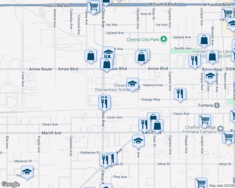 map of restaurants, bars, coffee shops, grocery stores, and more near 16184 Orange Court in Fontana