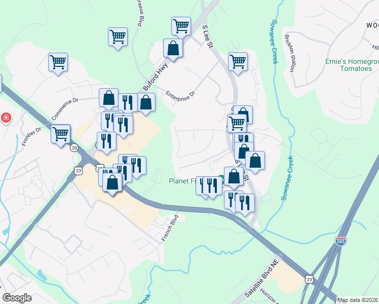 map of restaurants, bars, coffee shops, grocery stores, and more near 4093 Sturgeon Circle in Buford