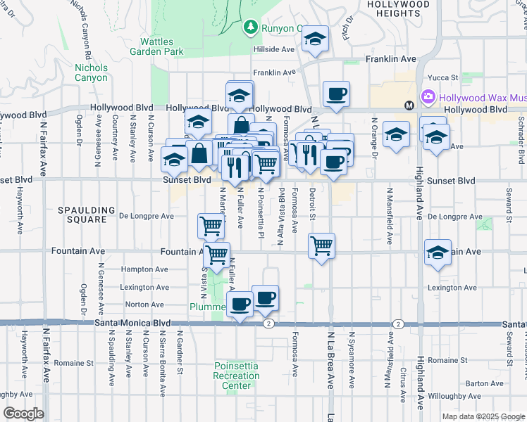 map of restaurants, bars, coffee shops, grocery stores, and more near 1419 North Poinsettia Place in Los Angeles