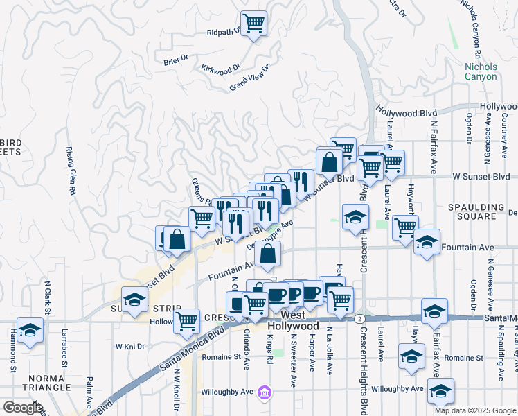 map of restaurants, bars, coffee shops, grocery stores, and more near 1432 North Kings Road in Los Angeles