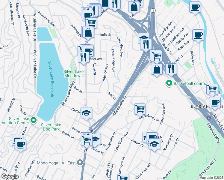 map of restaurants, bars, coffee shops, grocery stores, and more near 2237 Silver Ridge Avenue in Los Angeles