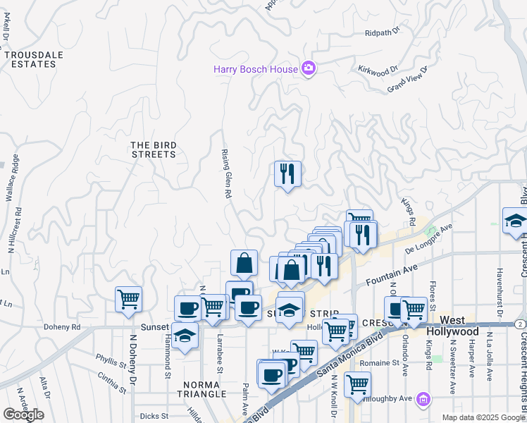 map of restaurants, bars, coffee shops, grocery stores, and more near 1456 Sunset Plaza Drive in Los Angeles