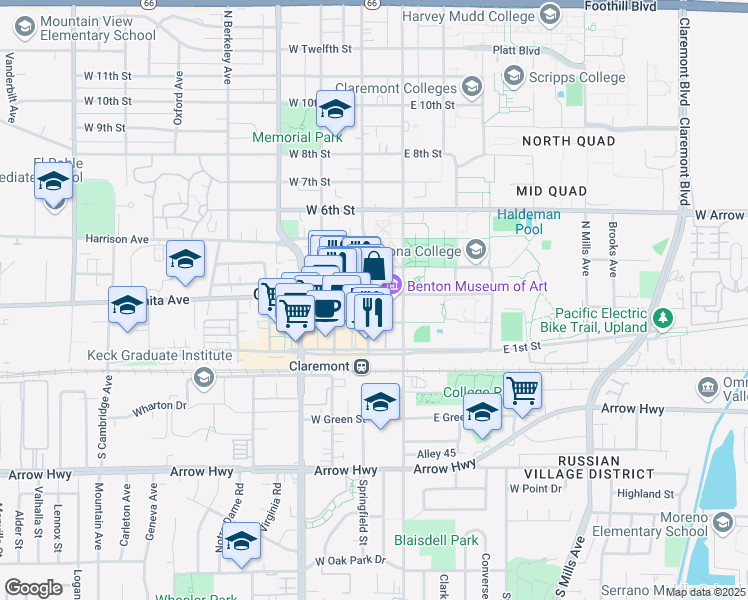 map of restaurants, bars, coffee shops, grocery stores, and more near 250 Harvard Avenue North in Claremont
