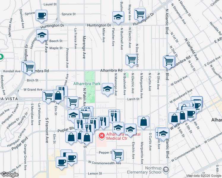 map of restaurants, bars, coffee shops, grocery stores, and more near 400 North Campbell Avenue in Alhambra