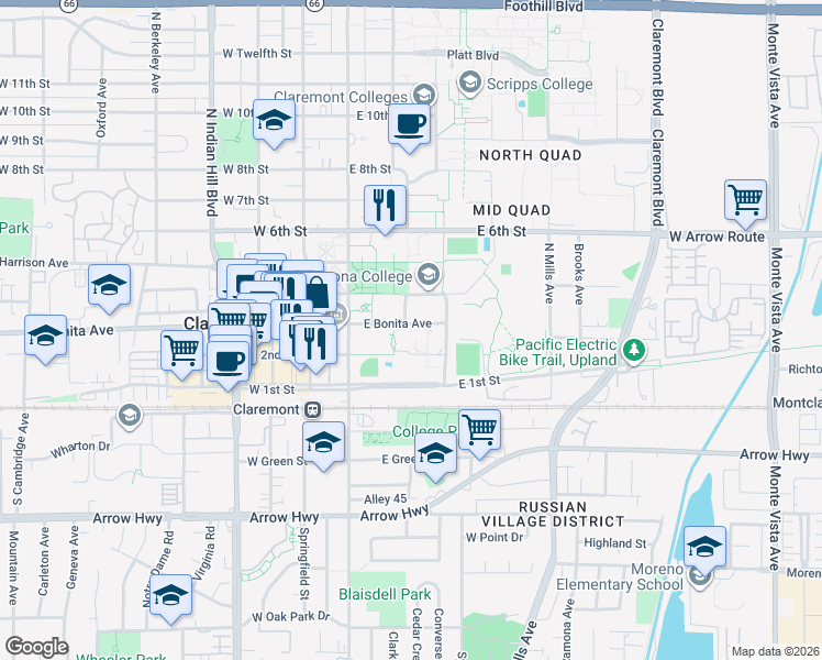 map of restaurants, bars, coffee shops, grocery stores, and more near 747 North Dartmouth Avenue in Claremont