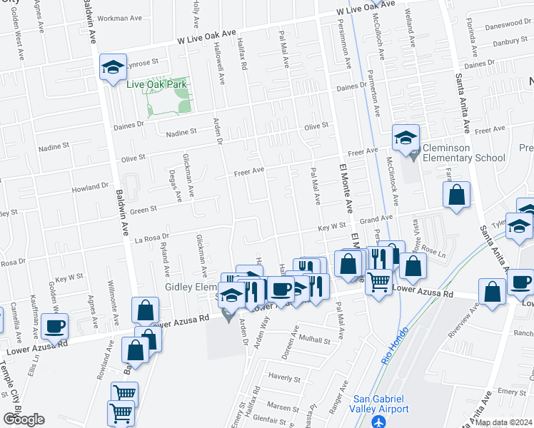 map of restaurants, bars, coffee shops, grocery stores, and more near 5107 Halifax Road in Temple City
