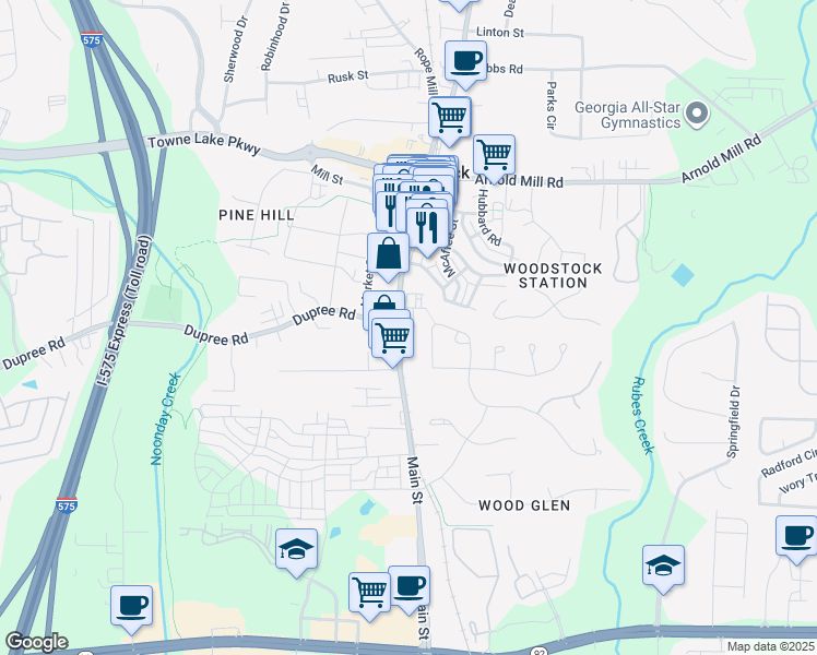 map of restaurants, bars, coffee shops, grocery stores, and more near 8910 Main Street in Woodstock