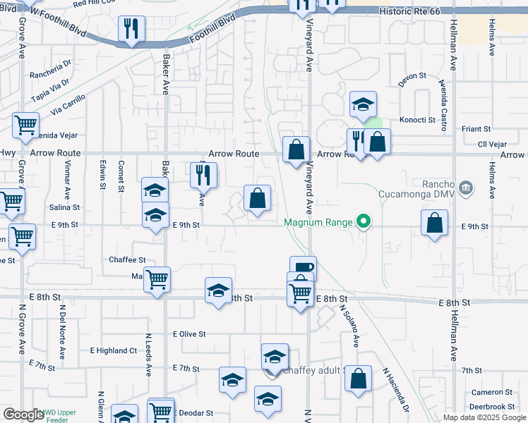 map of restaurants, bars, coffee shops, grocery stores, and more near 8768B East 9th Street in Rancho Cucamonga