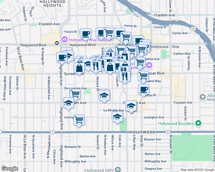 map of restaurants, bars, coffee shops, grocery stores, and more near 1409 North Hudson Avenue in Los Angeles