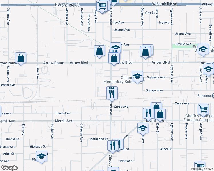 map of restaurants, bars, coffee shops, grocery stores, and more near 8600 Citrus Avenue in Fontana
