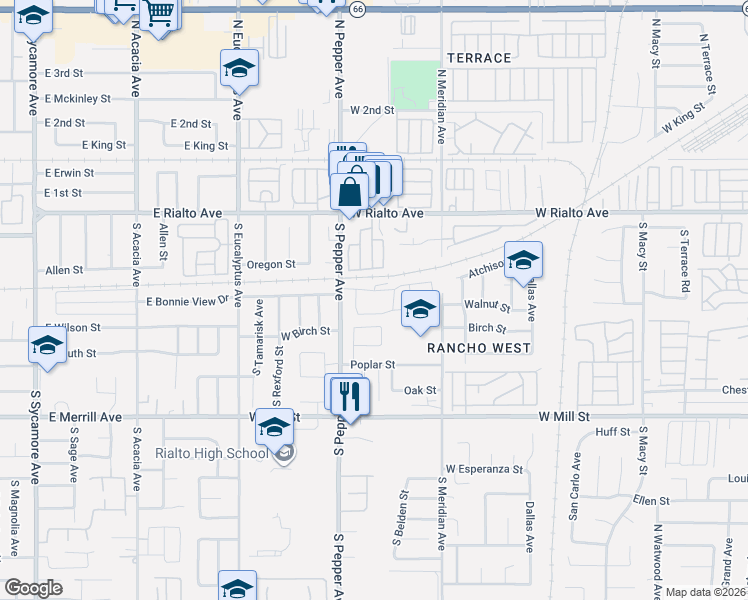 map of restaurants, bars, coffee shops, grocery stores, and more near 255 South Pepper Avenue in Rialto