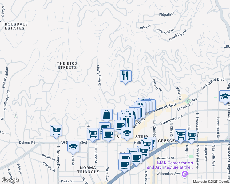 map of restaurants, bars, coffee shops, grocery stores, and more near 1456 Sunset Plaza Drive in Los Angeles