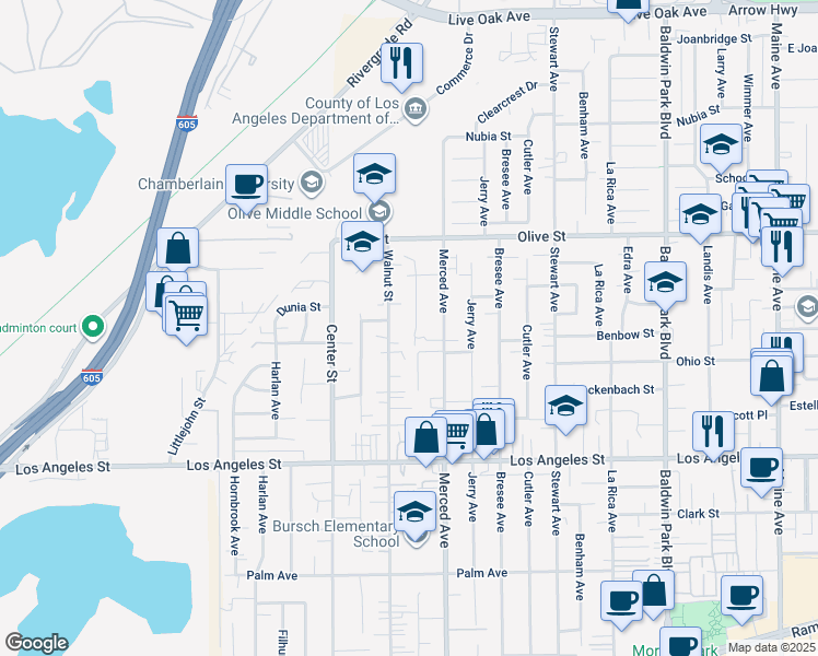 map of restaurants, bars, coffee shops, grocery stores, and more near 4629 Kenmore Avenue in Baldwin Park