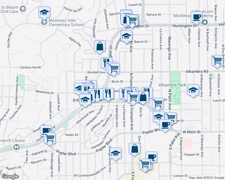 map of restaurants, bars, coffee shops, grocery stores, and more near 2815 West Grand Avenue in Alhambra