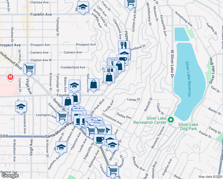 map of restaurants, bars, coffee shops, grocery stores, and more near 1834 Griffith Park Boulevard in Los Angeles