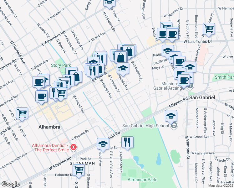 map of restaurants, bars, coffee shops, grocery stores, and more near 207 South Cordova Street in Alhambra