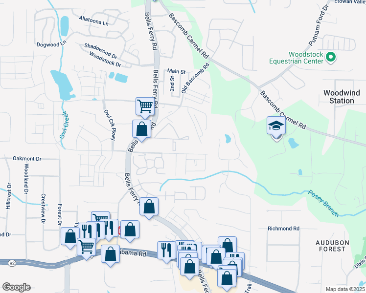 map of restaurants, bars, coffee shops, grocery stores, and more near 840 Red Barn Road in Acworth