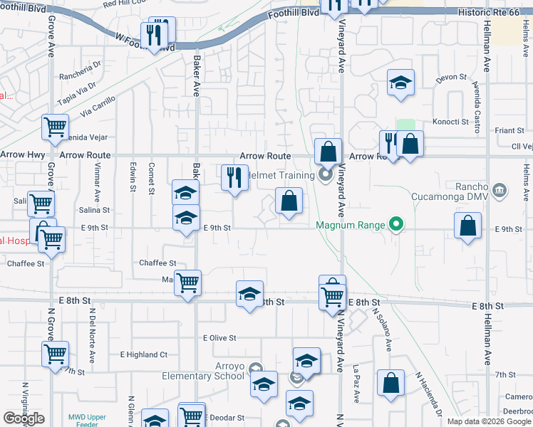 map of restaurants, bars, coffee shops, grocery stores, and more near 8738 East 9th Street in Rancho Cucamonga