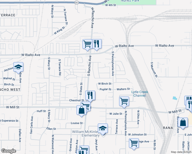 map of restaurants, bars, coffee shops, grocery stores, and more near 323 Whipple Mountain Road in San Bernardino