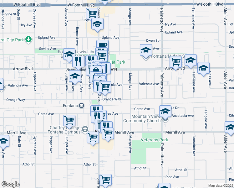map of restaurants, bars, coffee shops, grocery stores, and more near 8657 Newport Avenue in Fontana