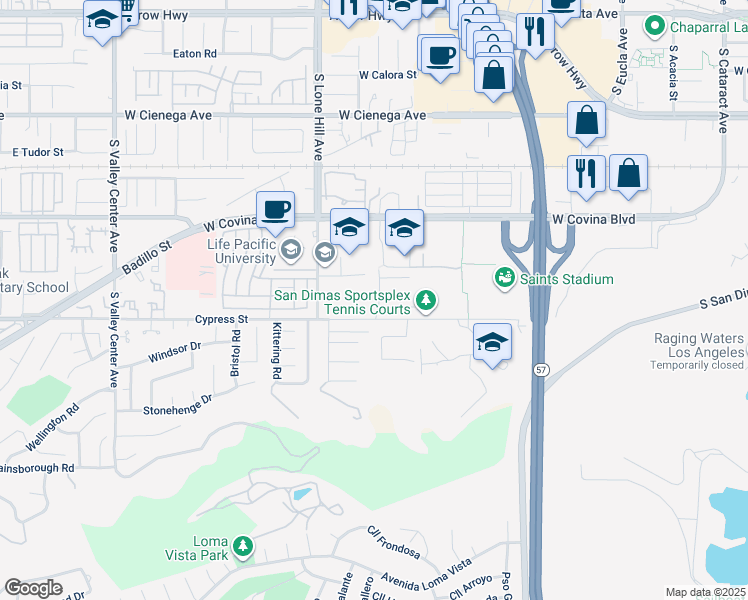 map of restaurants, bars, coffee shops, grocery stores, and more near 739 Danecroft Avenue in San Dimas