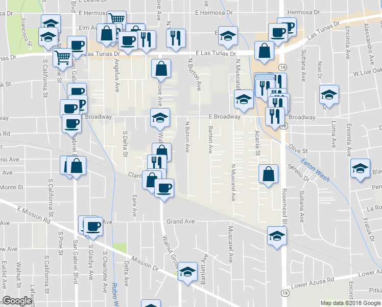 map of restaurants, bars, coffee shops, grocery stores, and more near 5302 North Burton Avenue in San Gabriel