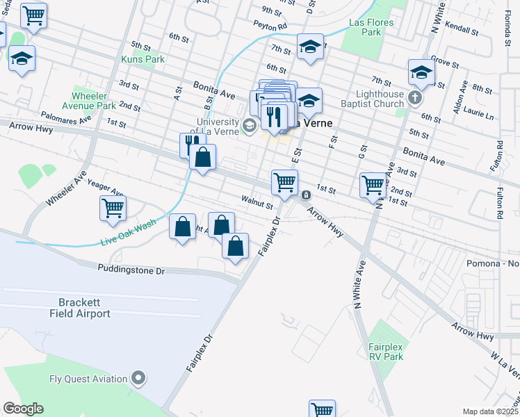 map of restaurants, bars, coffee shops, grocery stores, and more near 2126 Walnut Street in La Verne