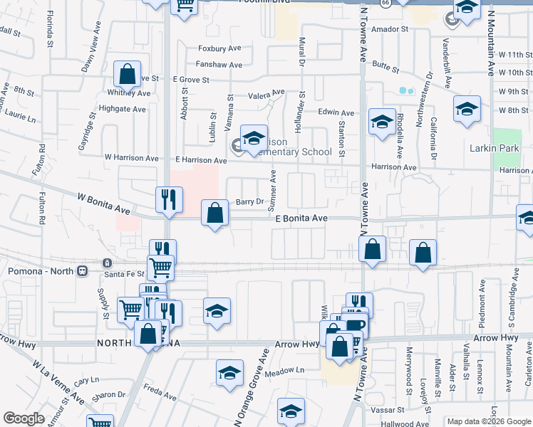 map of restaurants, bars, coffee shops, grocery stores, and more near 497 East Bonita Avenue in Pomona