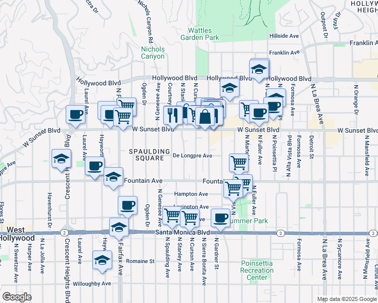 map of restaurants, bars, coffee shops, grocery stores, and more near 1404 North Stanley Avenue in Los Angeles
