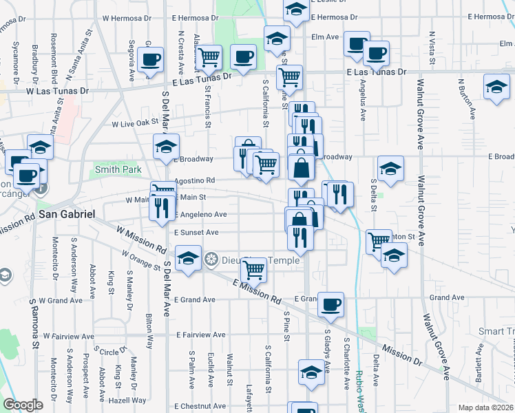 map of restaurants, bars, coffee shops, grocery stores, and more near 524 East Main Street in San Gabriel