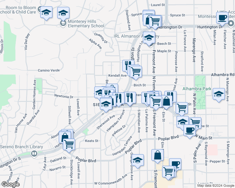 map of restaurants, bars, coffee shops, grocery stores, and more near 5639 Huntington Drive North in Los Angeles