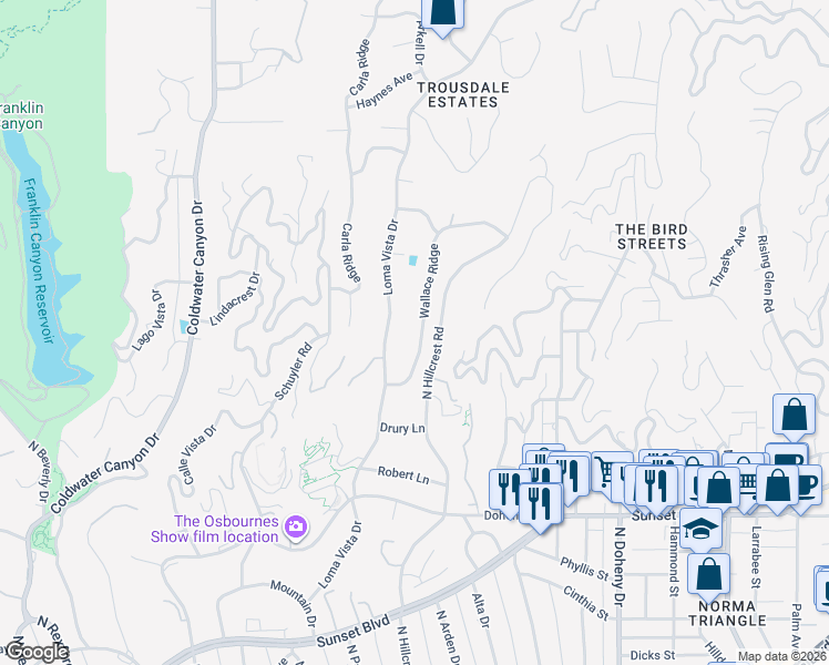 map of restaurants, bars, coffee shops, grocery stores, and more near 1029 Wallace Ridge in Beverly Hills