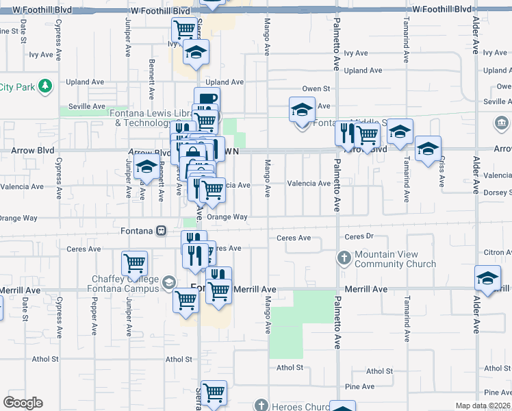 map of restaurants, bars, coffee shops, grocery stores, and more near 8657 Emerald Avenue in Fontana