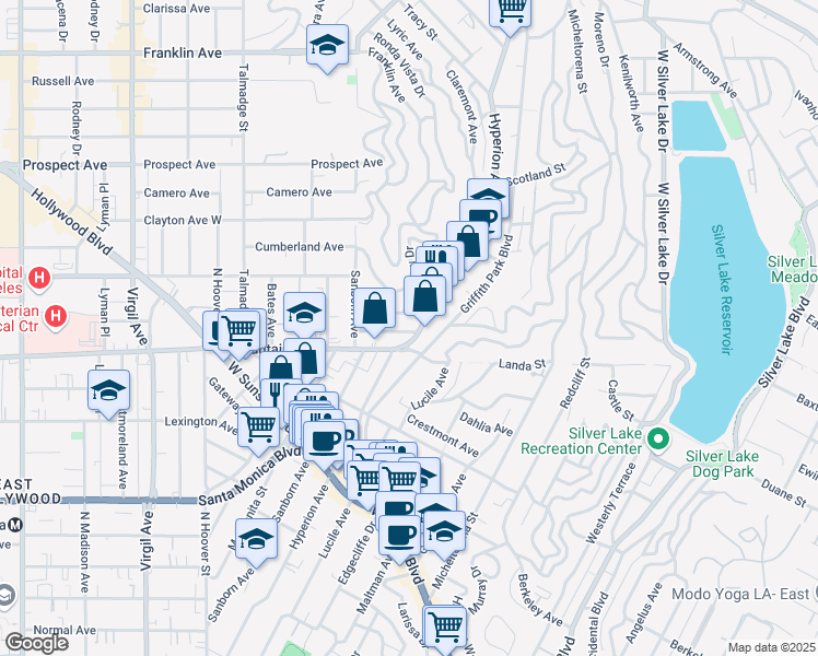 map of restaurants, bars, coffee shops, grocery stores, and more near 3807 Fernwood Avenue in Los Angeles