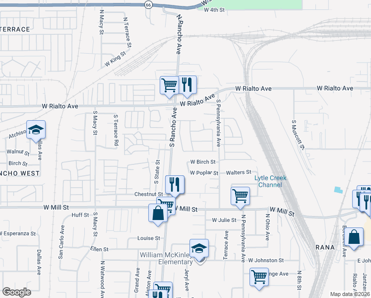 map of restaurants, bars, coffee shops, grocery stores, and more near 322 Big Horn Mountain Road in San Bernardino