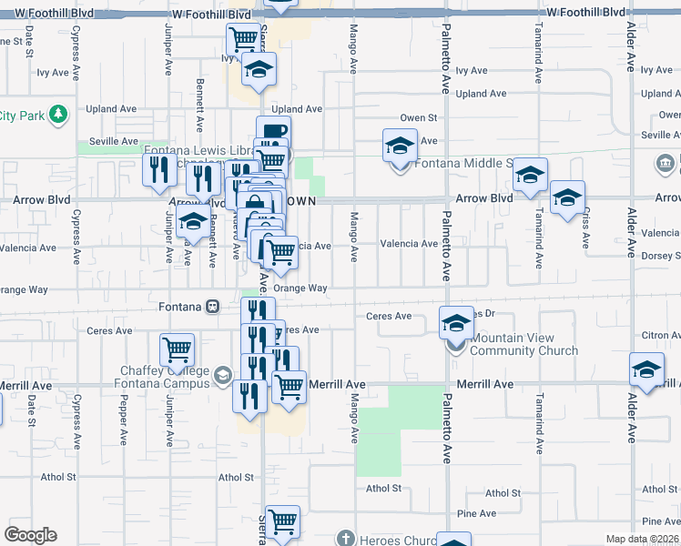 map of restaurants, bars, coffee shops, grocery stores, and more near 8657 Emerald Ave in Fontana