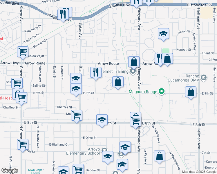 map of restaurants, bars, coffee shops, grocery stores, and more near 8738 East 9th Street in Rancho Cucamonga