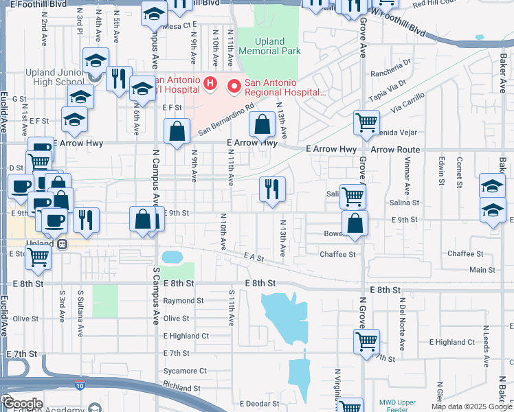 map of restaurants, bars, coffee shops, grocery stores, and more near 1241 East 9th Street in Upland