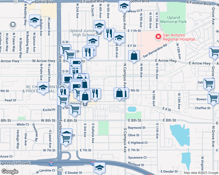 map of restaurants, bars, coffee shops, grocery stores, and more near 551 East 9th Street in Upland